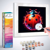 Paint by Numbers kit featuring a colorful ladybug painting with bright red and deep blue tones, complete with paints and brush.