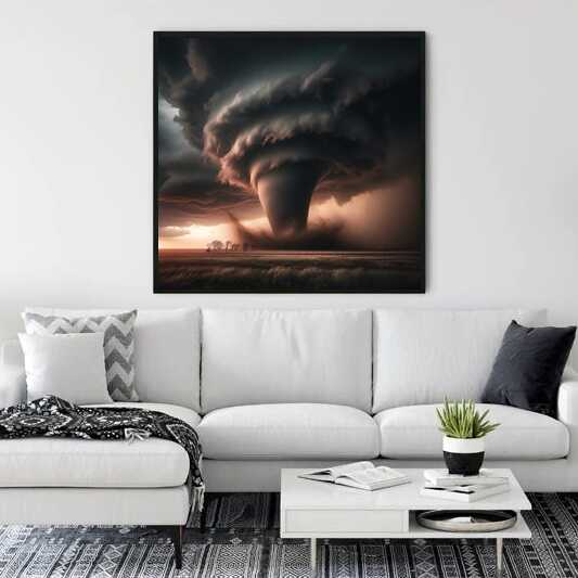 "Paint by Numbers - Huge Whirl of Fate masterpiece depicting a powerful whirlwind with burning orange and calm gray hues on a living room wall"