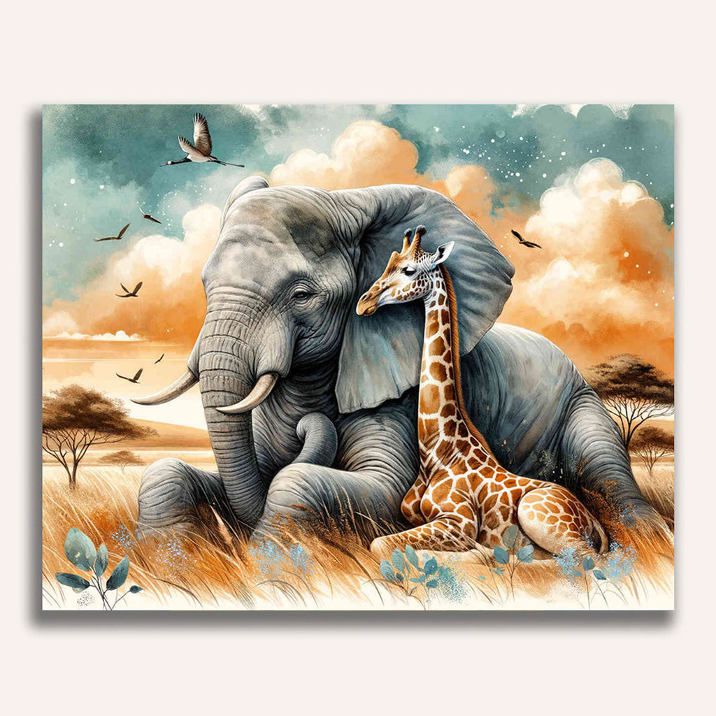 Elephant & giraffe, friends - Paint by Numbers