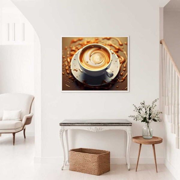 Paint by Numbers - Coffee Vortex of Passion artwork in bright living room with white furniture and wooden accents