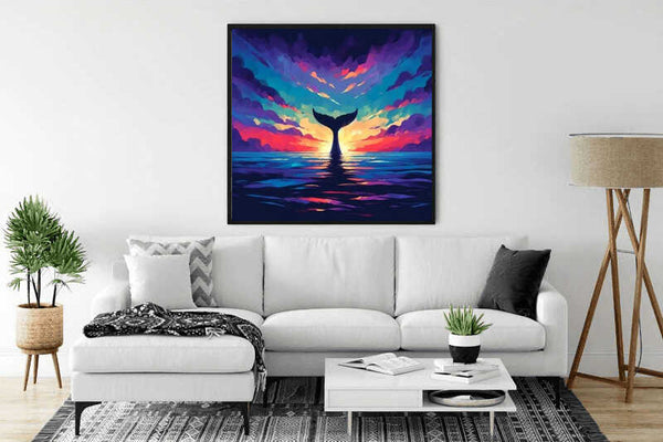 Paint by Numbers "Colors of the Ocean Dream" painting of whale fluke at sunset in vibrant living room setup.
