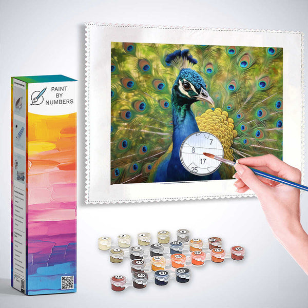 Painting by numbers kit featuring a colorful portrait of a peacock, showcasing vibrant blues and golds, with paint pots and brush.