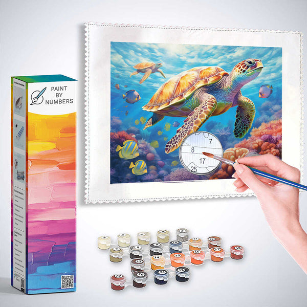 Paint by Numbers kit featuring an "Oceanic Dream Flight" artwork with a sea turtle, vibrant coral reefs, and colorful fish.