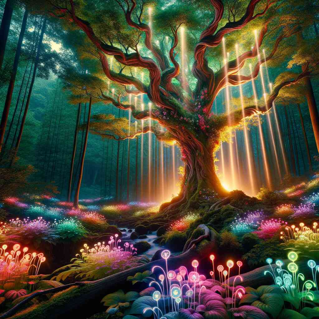 Paint by Numbers - enchanted forest with a glowing ancient tree, vibrant light rays, and sparkling colorful plants creating a magical atmosphere.