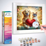 Paint by Numbers kit featuring a golden dog and graceful cat holding a red heart, symbolizing love and friendship, in a richly detailed scene.