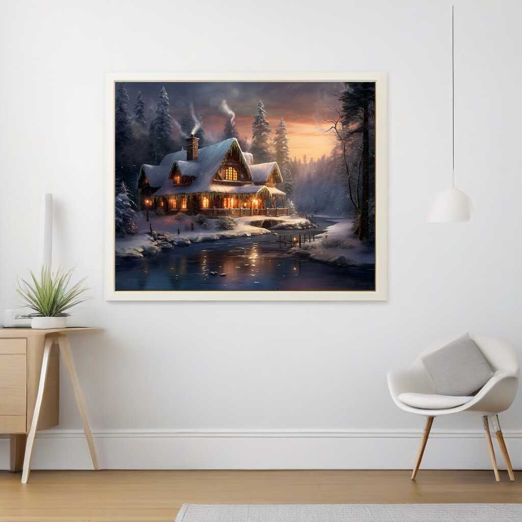 Paint by Numbers - Dusk in winter magic on frozen river with snowy log cabin emitting warm light and reflecting in the icy water.