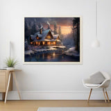 Paint by Numbers - Dusk in winter magic on frozen river with snowy log cabin emitting warm light and reflecting in the icy water.