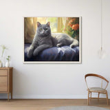 Paint by Numbers - Grey kitten resting on blue velvet cushion with sunlight, golden curtains, and orange flowers, evoking calm and beauty.