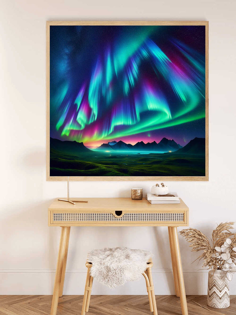 Paint by Numbers - Northern Lights Dreamscape artwork featuring vibrant auroras and mountain silhouettes above a tranquil nighttime landscape.