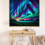 Paint by Numbers - Northern Lights Dreamscape artwork featuring vibrant auroras and mountain silhouettes above a tranquil nighttime landscape.