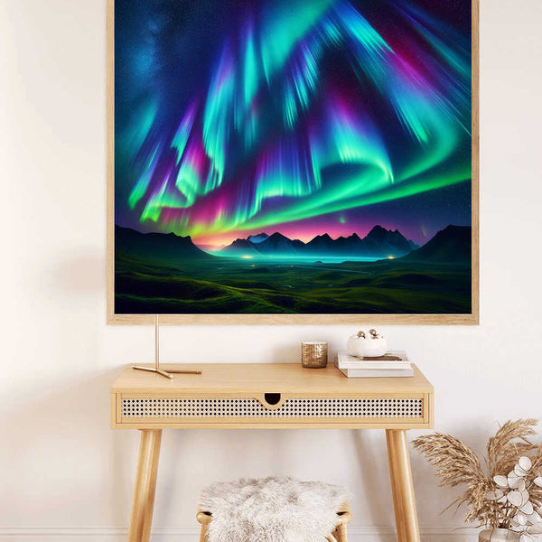 Paint by Numbers - Northern Lights Dreamscape artwork featuring vibrant auroras and mountain silhouettes above a tranquil nighttime landscape.
