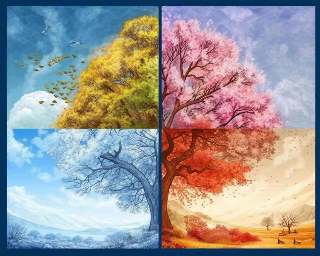 Paint by Numbers "Seasons of Longing" depicting vibrant spring blossoms, golden summer, fiery autumn, and serene winter landscapes.