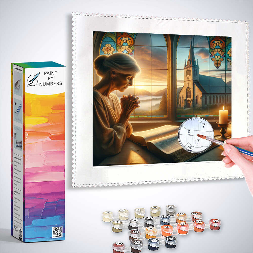 Paint by Numbers kit depicting a woman in prayer by church windows at sunrise, with paint supplies and brushes in the foreground.