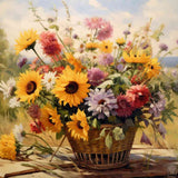 Paint by Numbers - Summer Dance of Flowers depicting a vibrant basket of sunflowers, daisies, and wild asters in warm summer colors.