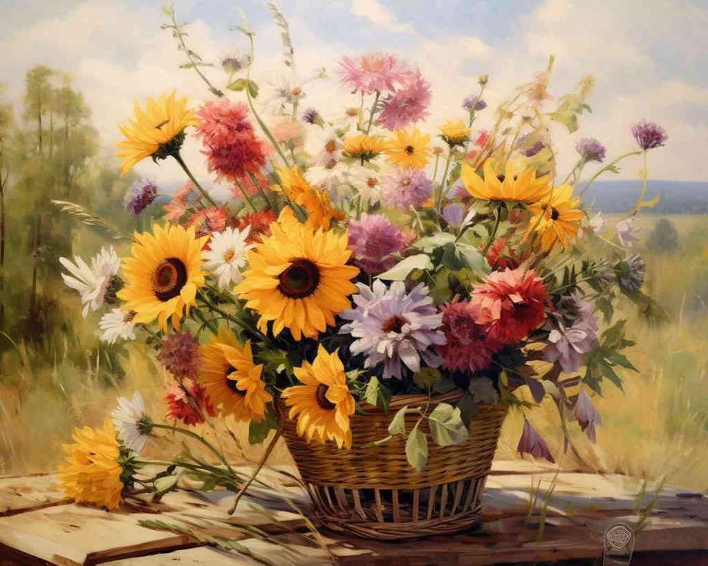 Paint by Numbers - Summer Dance of Flowers depicting a vibrant basket of sunflowers, daisies, and wild asters in warm summer colors.