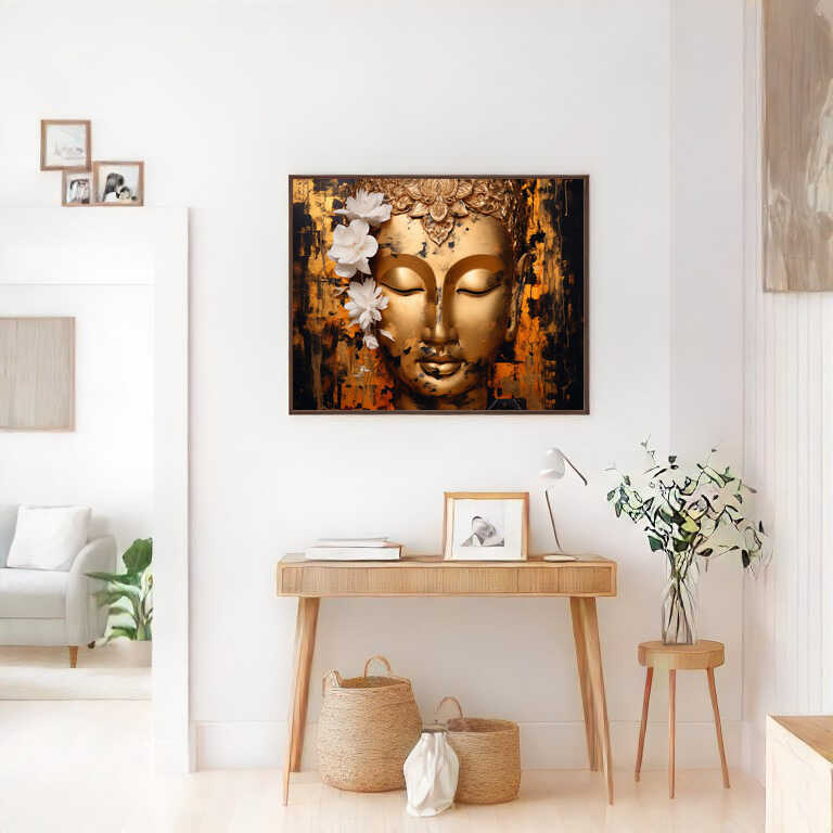 Paint by Numbers kit featuring Buddha's serene face with abstract black, gold, and orange background, perfect for spiritual home decor.