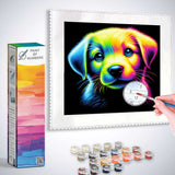 Paint by Numbers kit featuring a vibrant puppy with a colorful, abstract design.