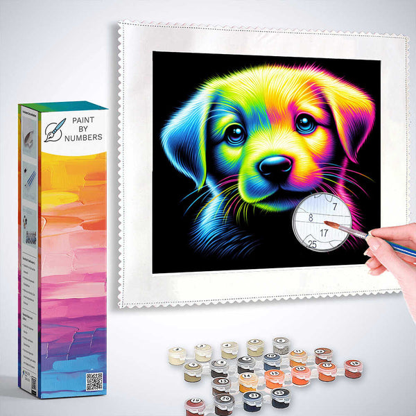 Paint by Numbers kit featuring a vibrant puppy with a colorful, abstract design.