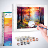 Paint by Numbers kit for Magic Forest in the Morning Light with vibrant colors and scenic forest path.
