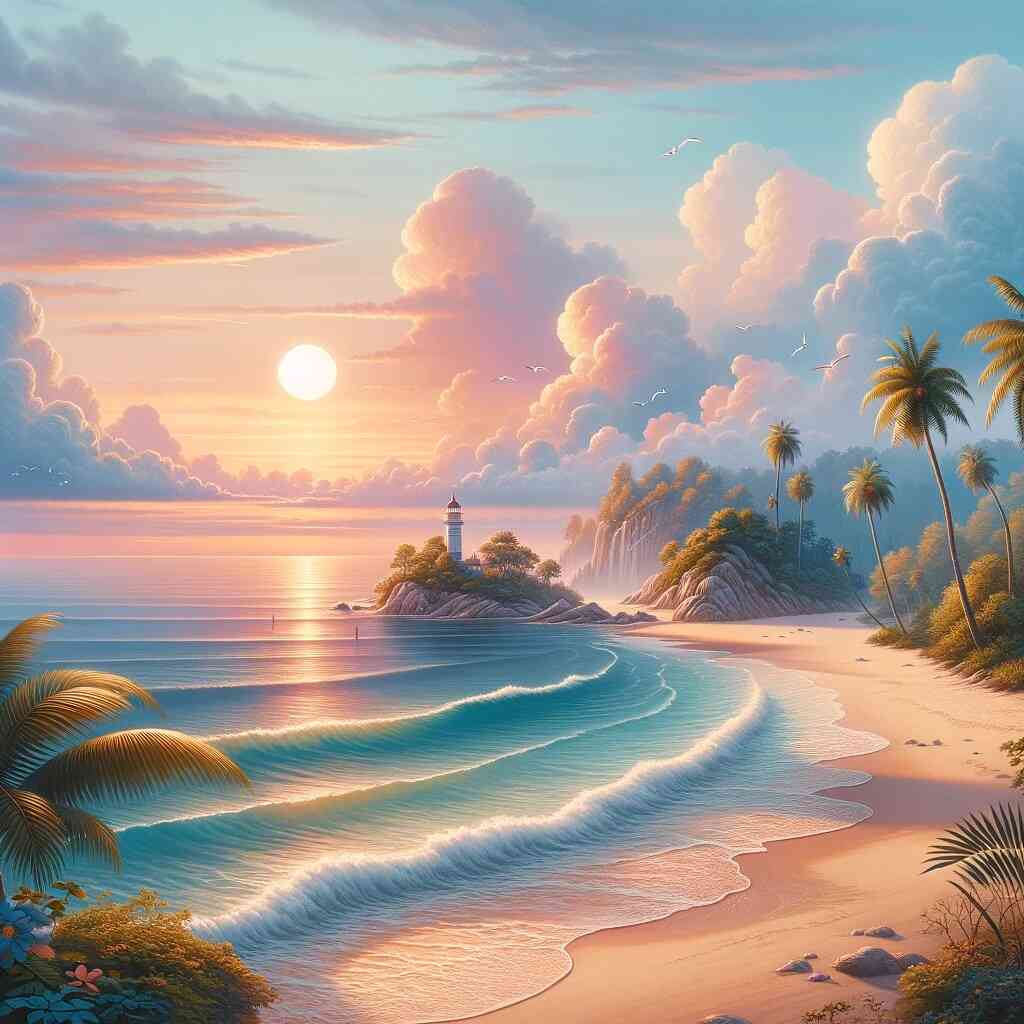 Paint by Numbers - Coastal Wonders at Sunset with pastel skies, lighthouse, tropical beach, and gentle waves; a tranquil paradise.