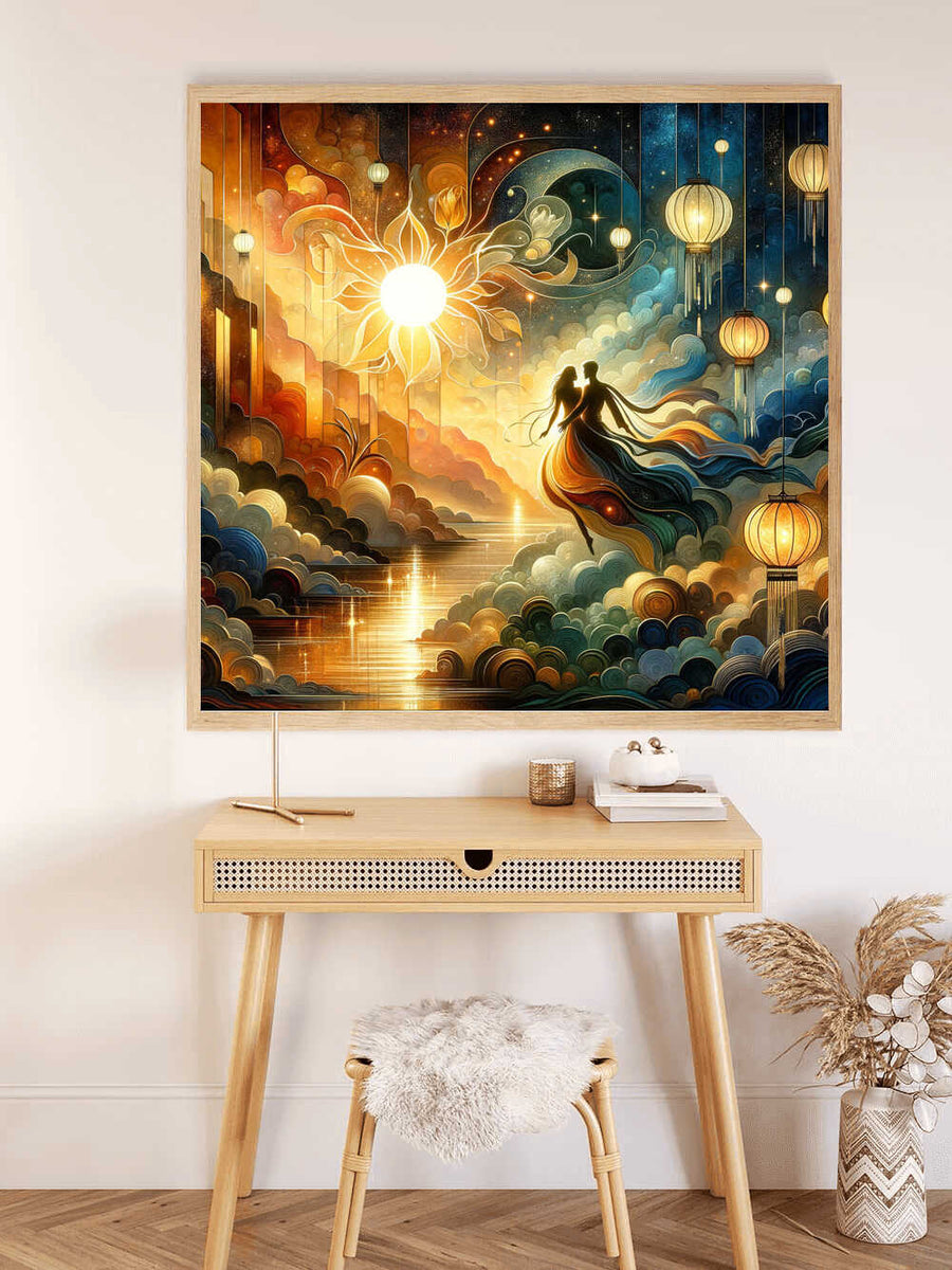 Paint by Numbers - Cosmic Elegance featuring a couple dancing in a starry sky with golden and azure hues, evoking romance and wonder.