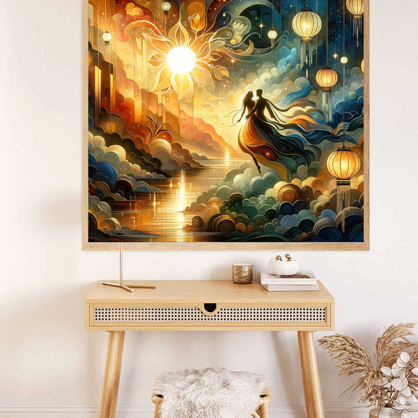 Paint by Numbers - Cosmic Elegance featuring a couple dancing in a starry sky with golden and azure hues, evoking romance and wonder.