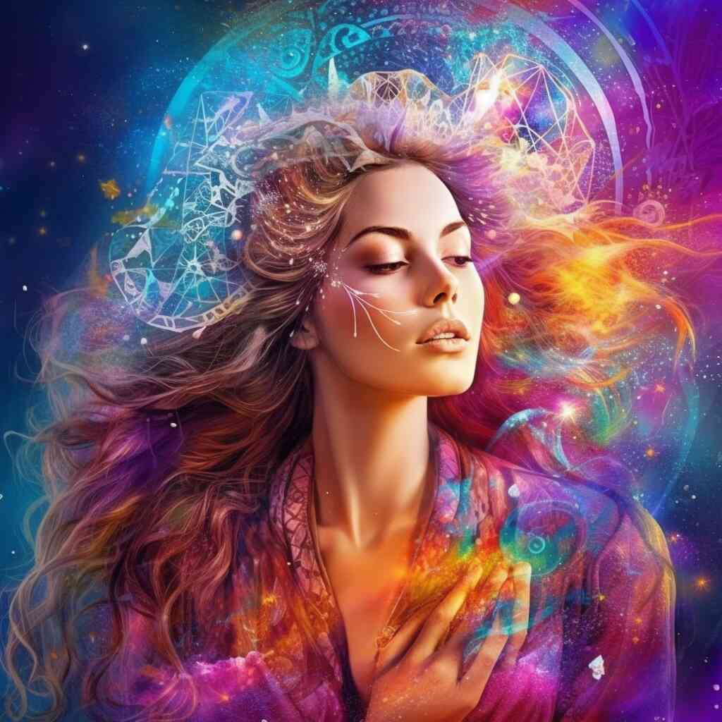 Paint by Numbers "Star Whisperer" kit featuring a serene woman with closed eyes, surrounded by vibrant purple, blue, and orange cosmic patterns.