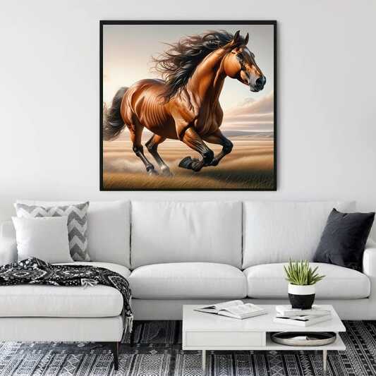 Paint by Numbers - Untamed Freedom painting of a galloping horse on a wall in a modern living room.