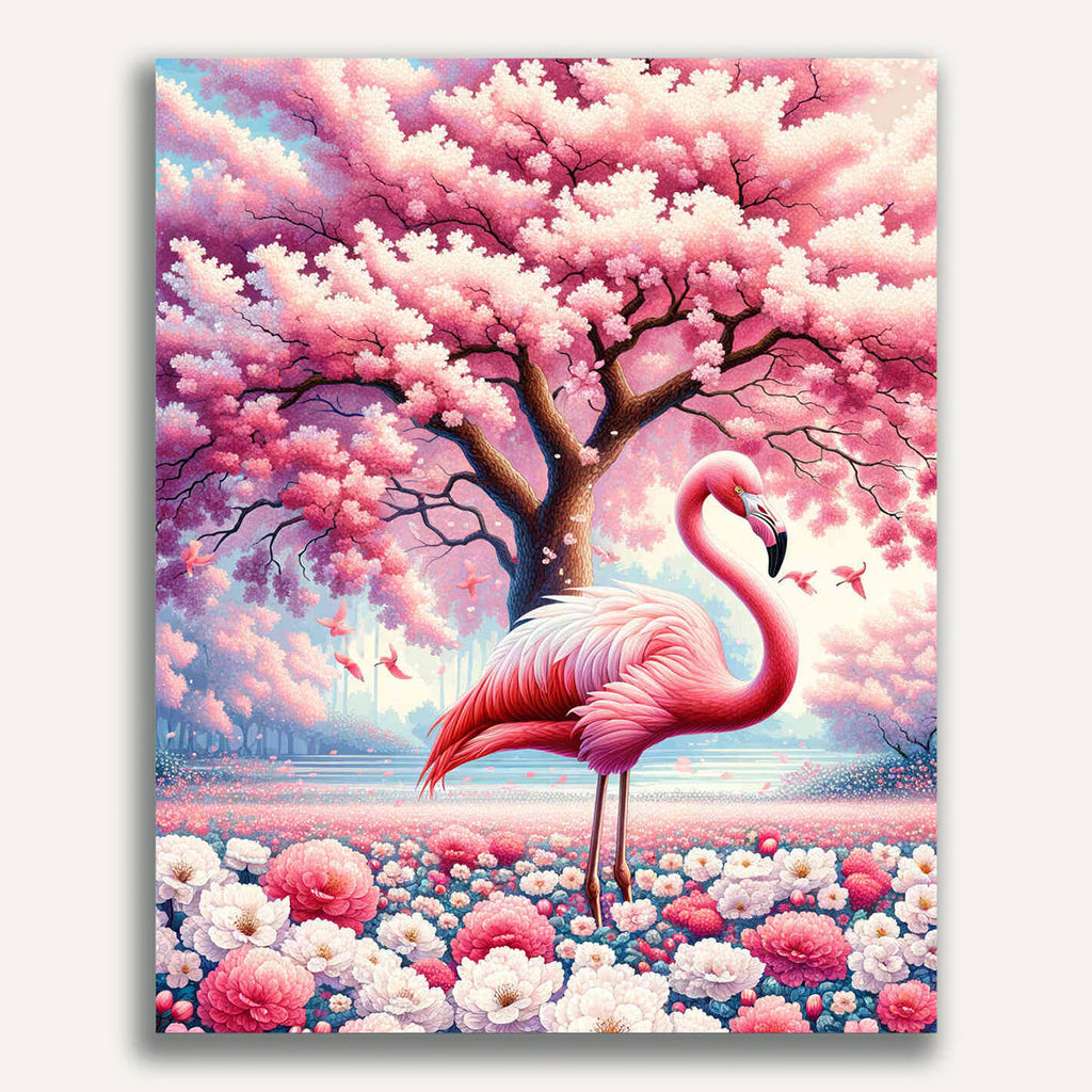 Flamingo with cherry tree - Paint by Numbers
