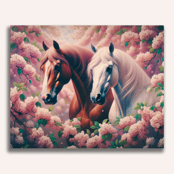 Horses in front of cherry trees