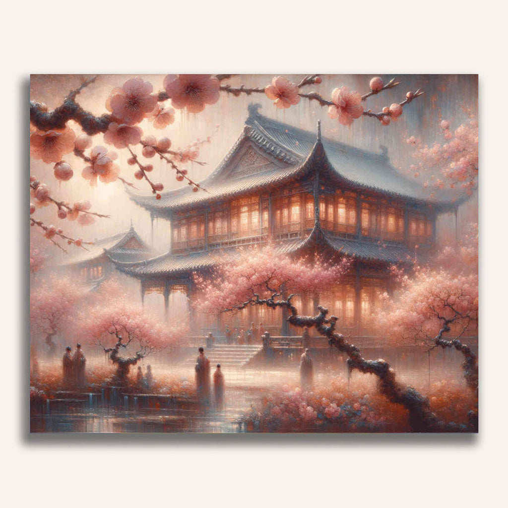 House surrounded by peach tree flowers - Paint by Numbers