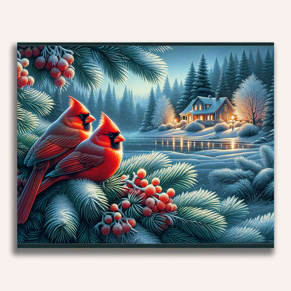 Paint by Numbers - Birds on fir tree, winter