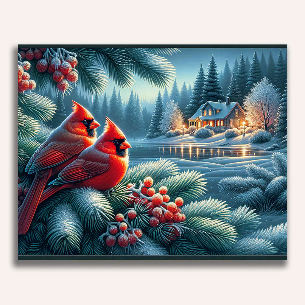 Paint by Numbers - Birds on fir tree, winter