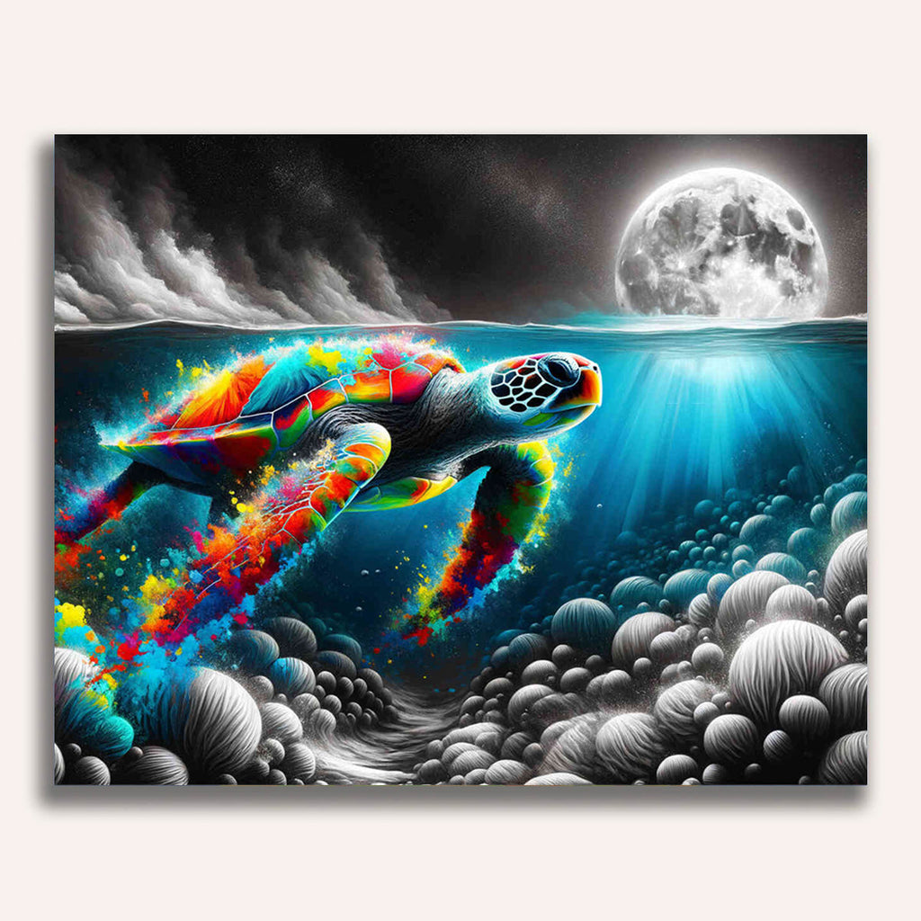 Paint by Numbers - Black and white, colorful turtle