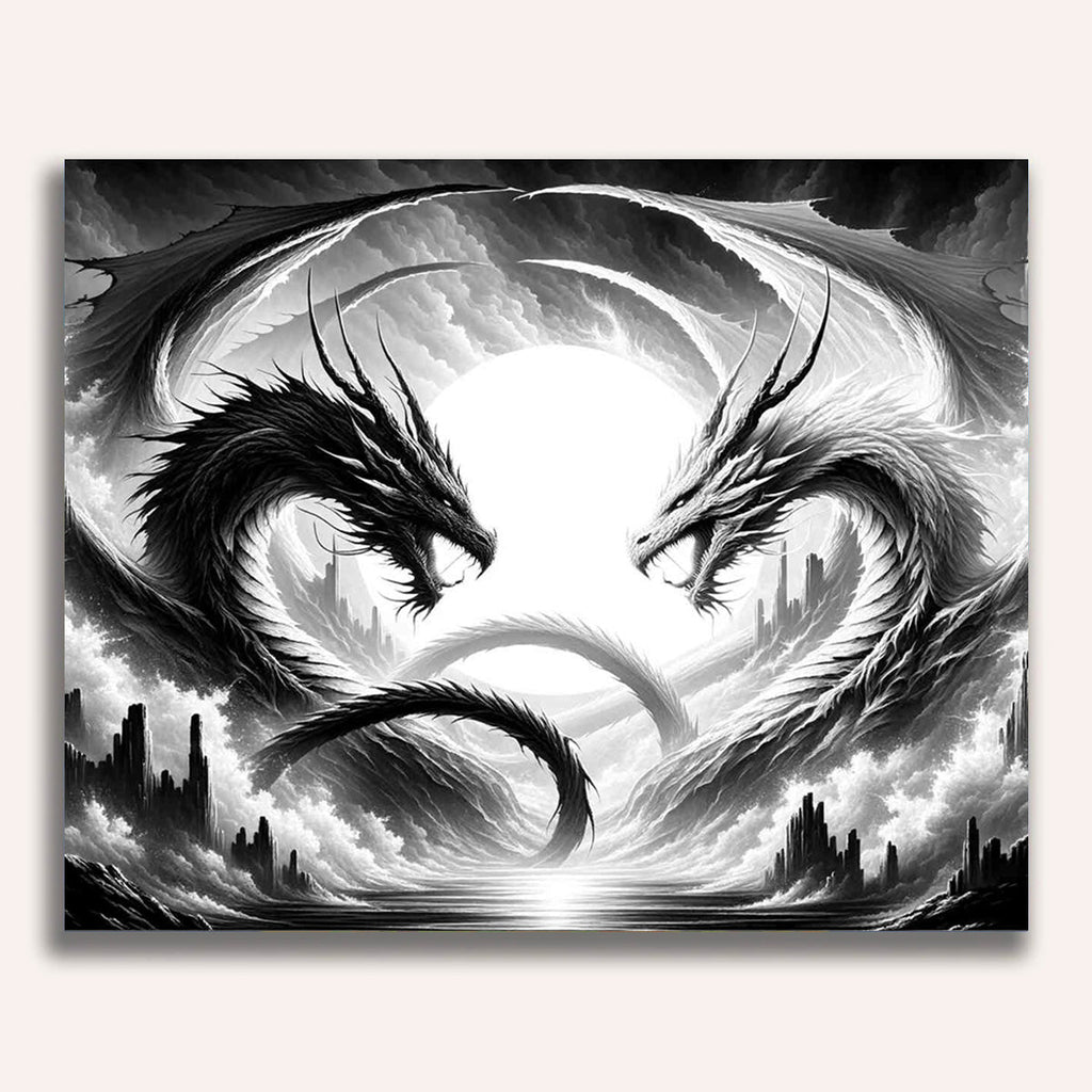 Paint by Numbers - Black and white, dragon