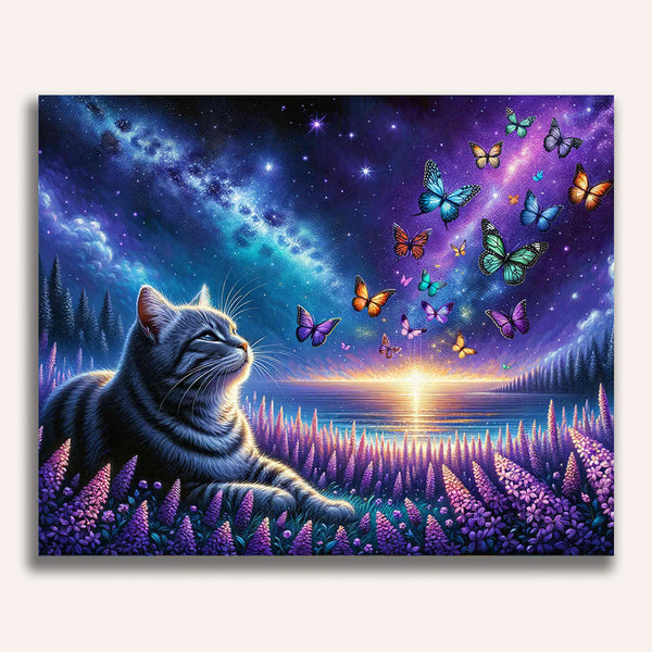 Paint by Numbers - Cat marvels at colorful butterfly