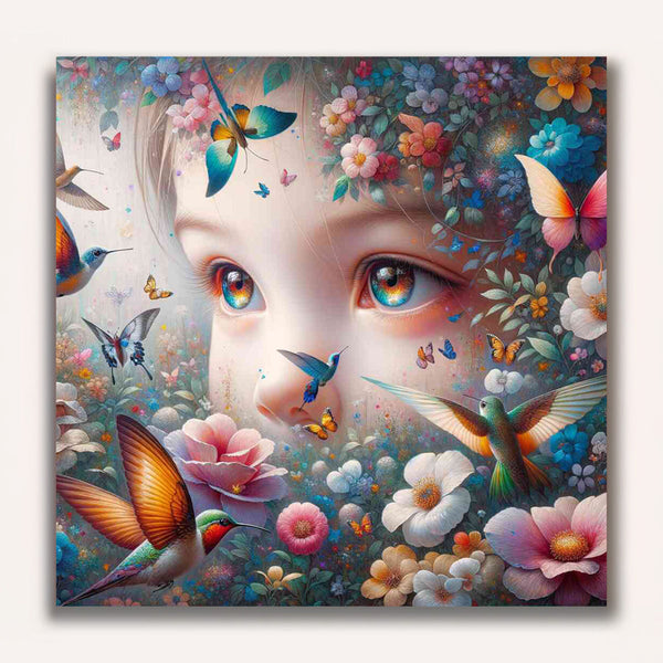 Paint by Numbers - Child with hummingbird and butterflies