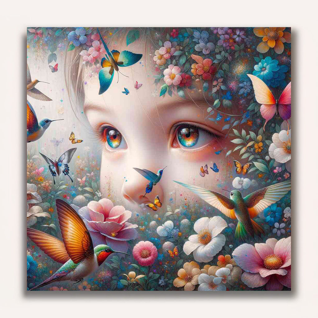 Paint by Numbers - Child with hummingbird and butterflies