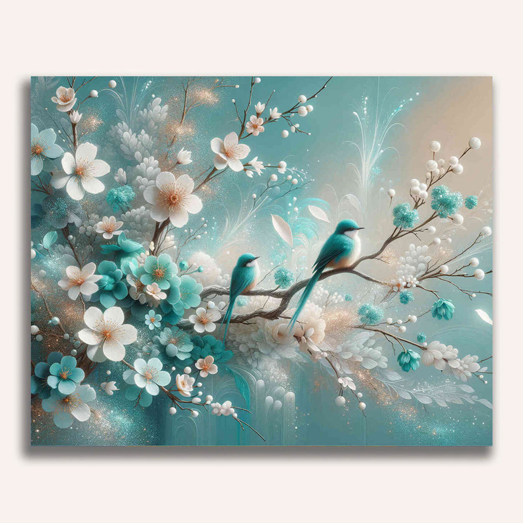 Paint by Numbers - Flowers and birds, turquoise