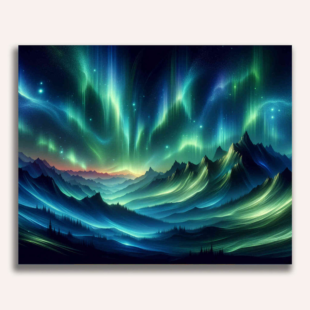 Paint by Numbers - Green Aurora Borealis, mountain