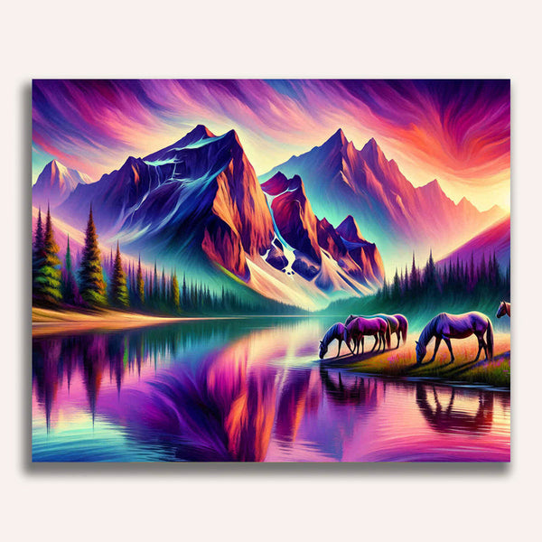 Paint by Numbers - Horses at mountain lake