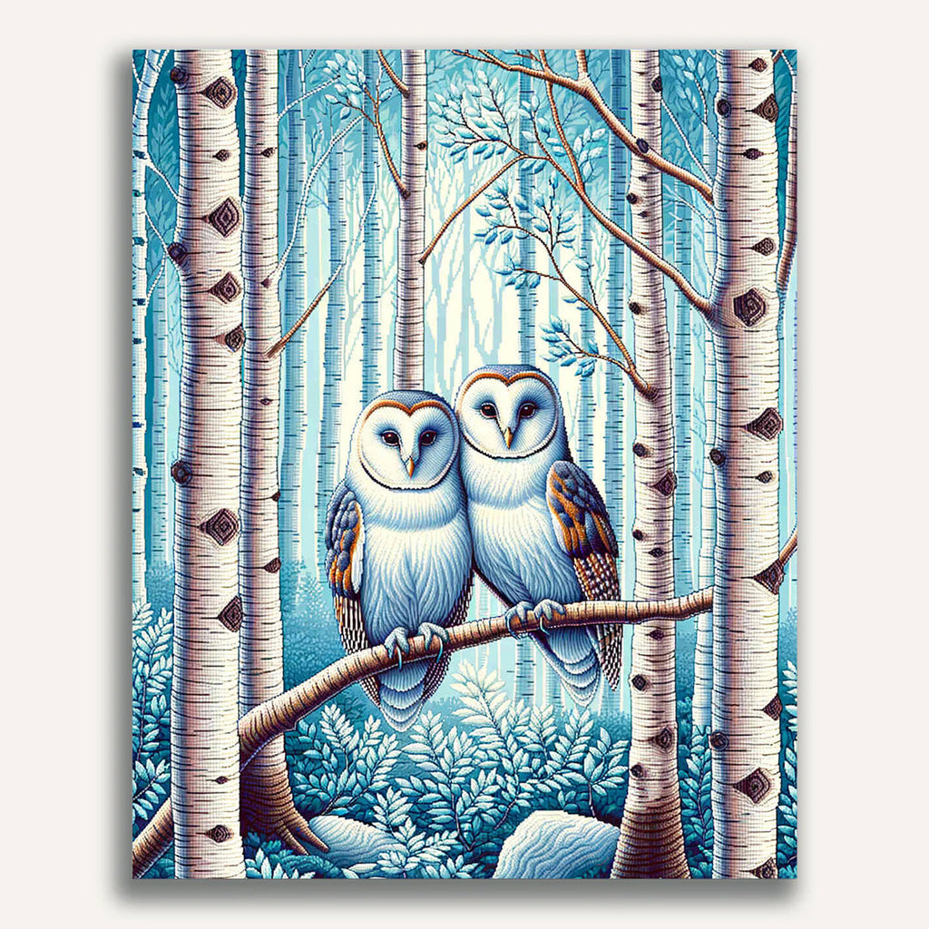 Paint by Numbers - Owl Couple in the Birch Forest