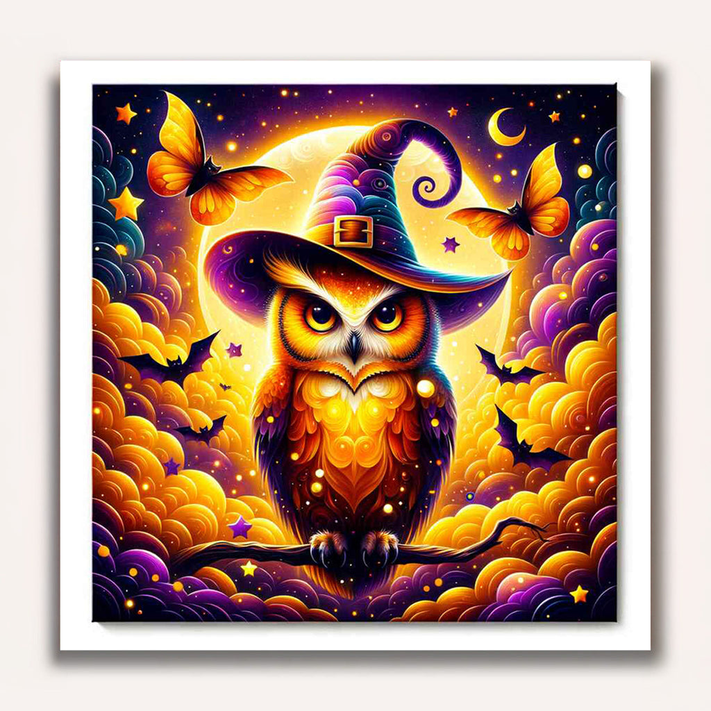 Paint by Numbers - Owl with witch hat and bats