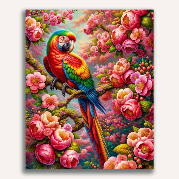 Paint by Numbers - Parrot, pink flower tree