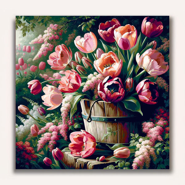 Paint by Numbers - Pink Tulips Bouquet in Bucket