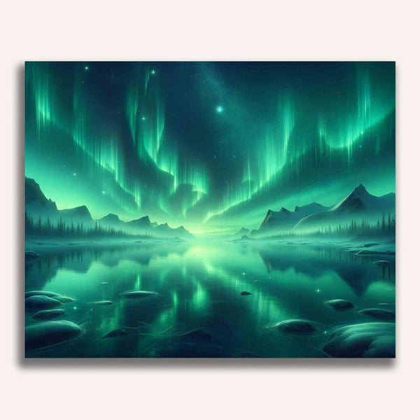 Paint by Numbers - Northern lights in green, seascape