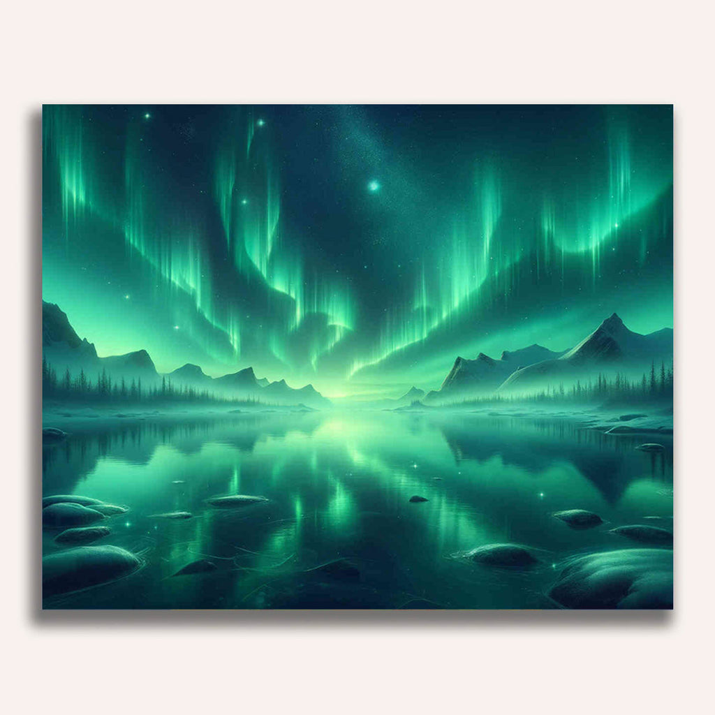 Paint by Numbers - Northern lights in green, seascape