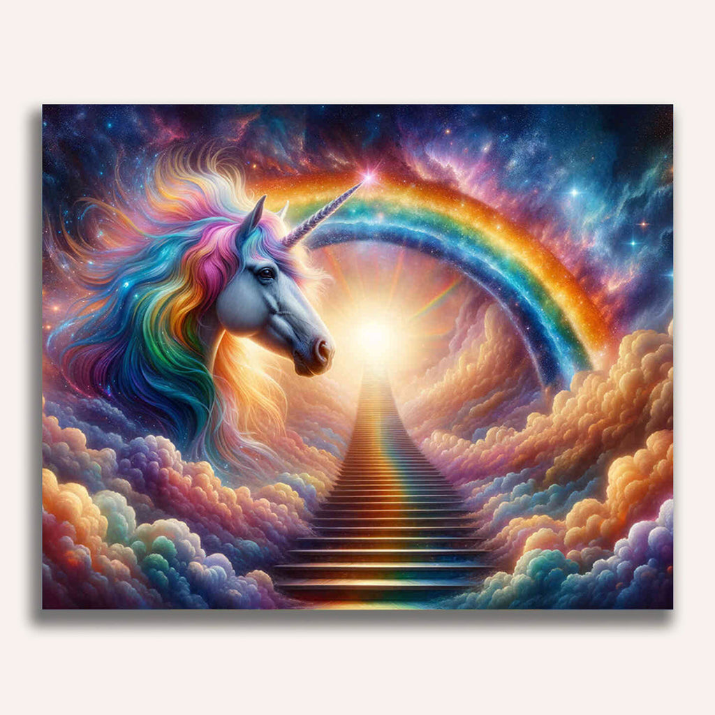 Paint by Numbers - Rainbow unicorn in front of stairs to the rainbow