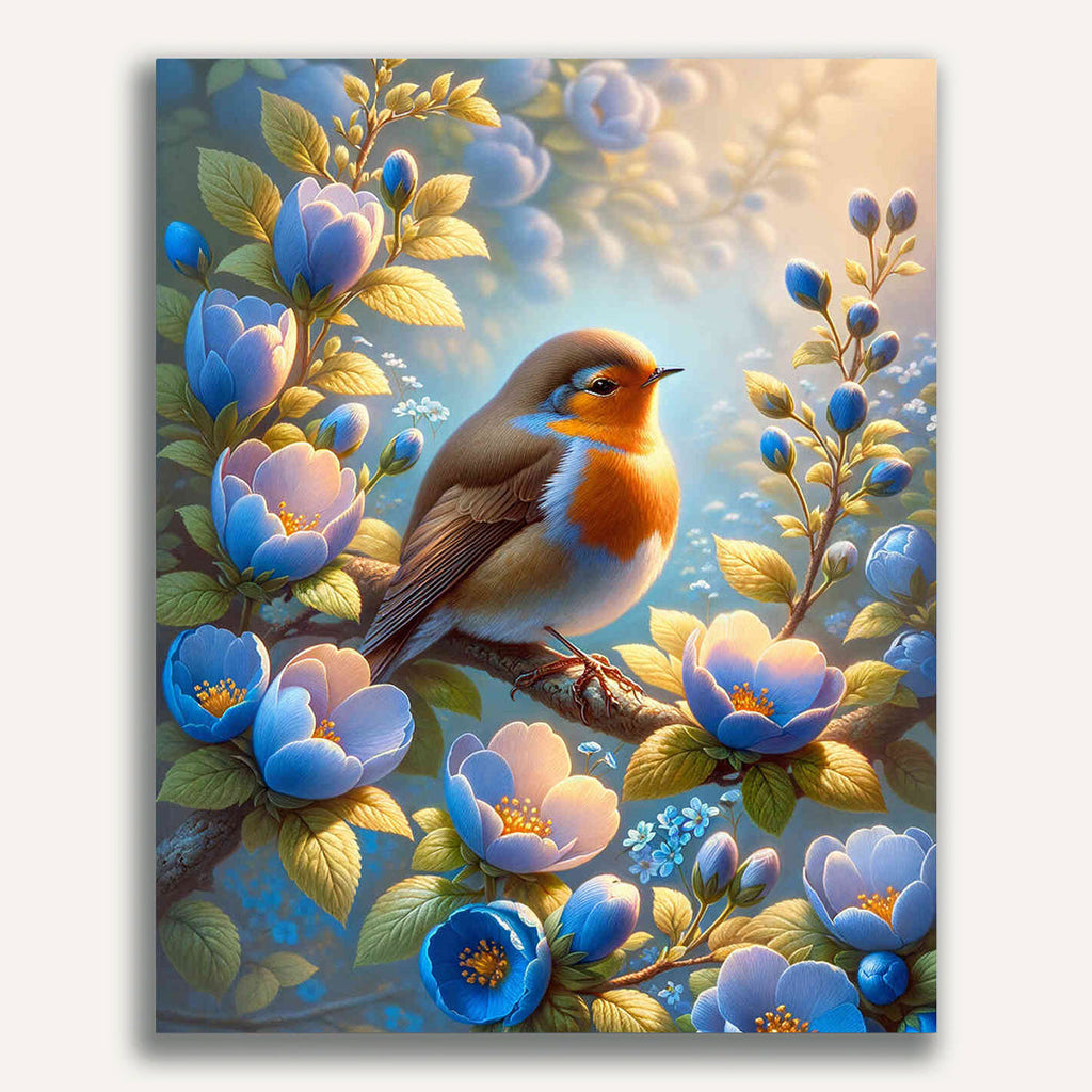Paint by Numbers - Robin, blue flowers