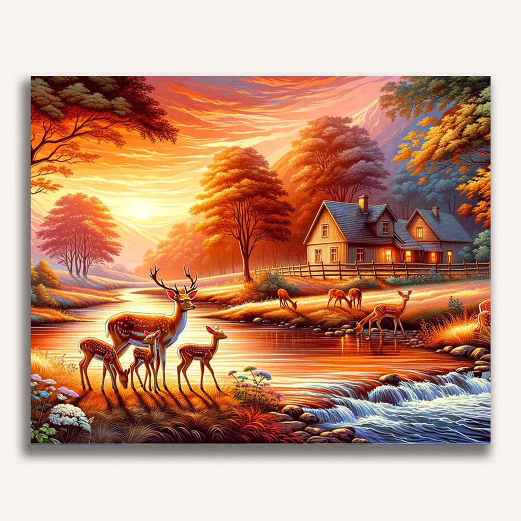 Paint by Numbers - Reindeer Family at the River Front Farmhouse